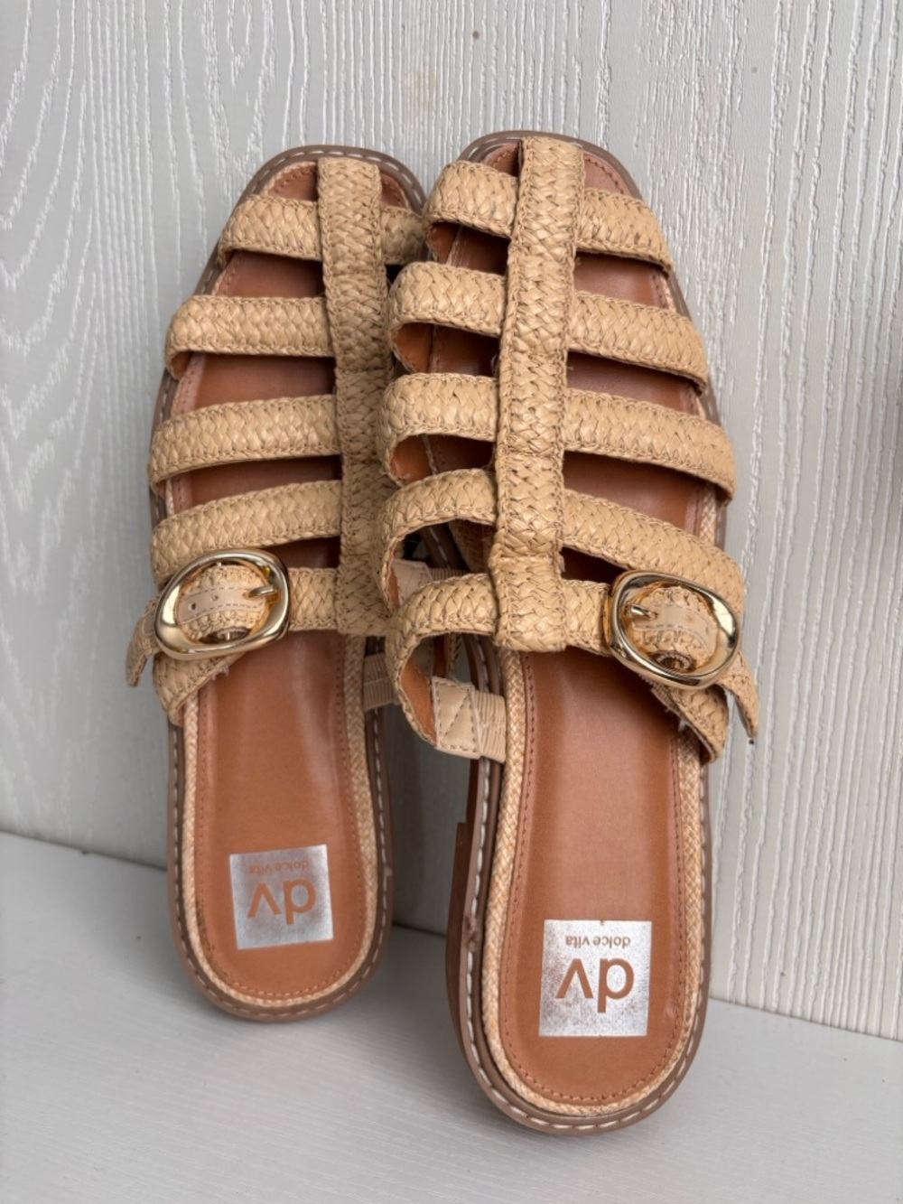 Dolce Vita Tan Braided Leather Slide Mules with Gold Buckles